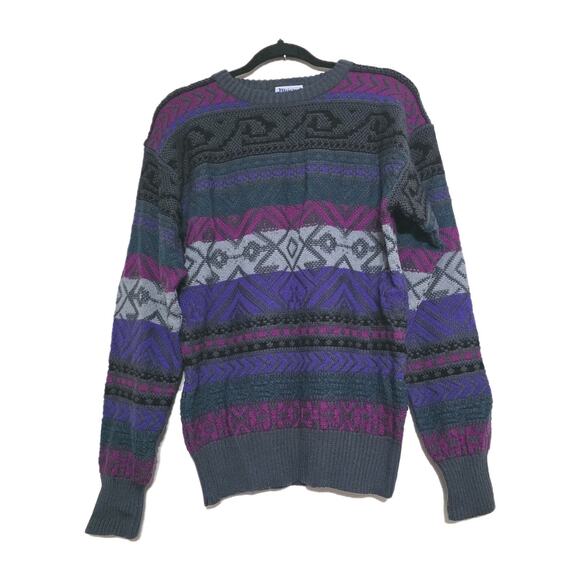 Vintage Geometric 3D Knit Cosby Sweater Mens M Purple 90s Wool Blend Faurl Isle - Picture 1 of 9